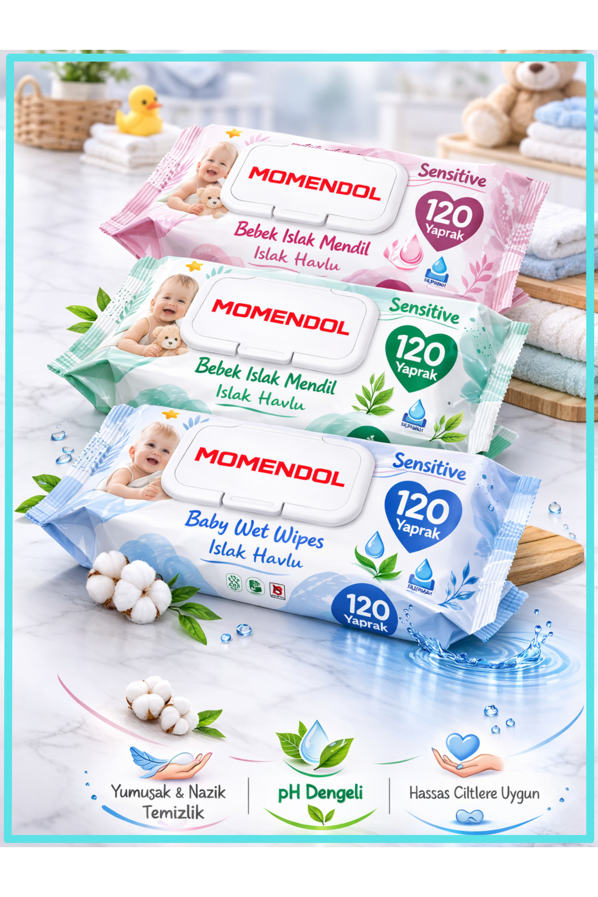 momendol 120li Bebek Islak Mendil Saf Su Bazlı Parfümsüz Hassas Yenidoğan %0 Alkol Paraben Sensitive Havlu fotoğrafı 2 (önizleme)