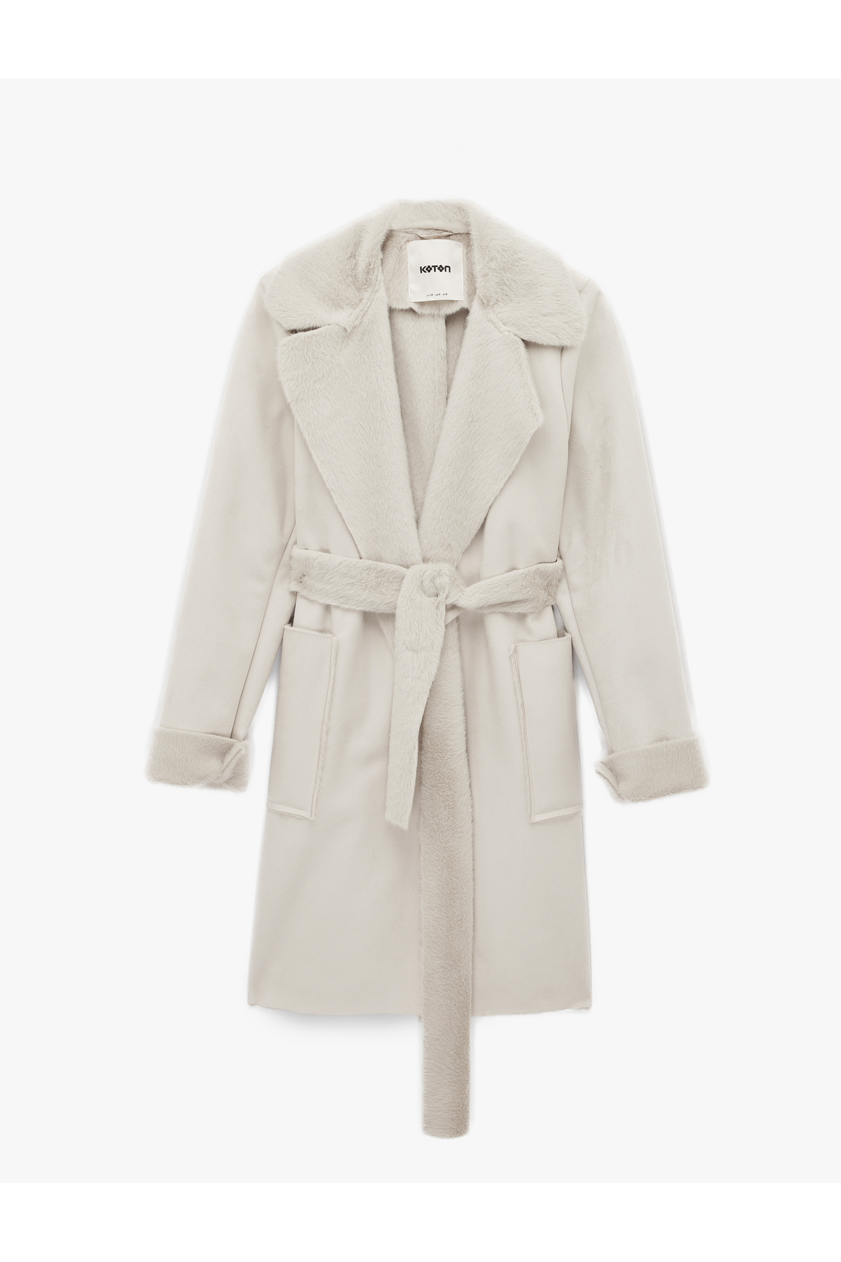 Koton  Uzun Kollu Cepli Kemerli Yakası Suni Kürklü Bonded Kaban - Görsel 3