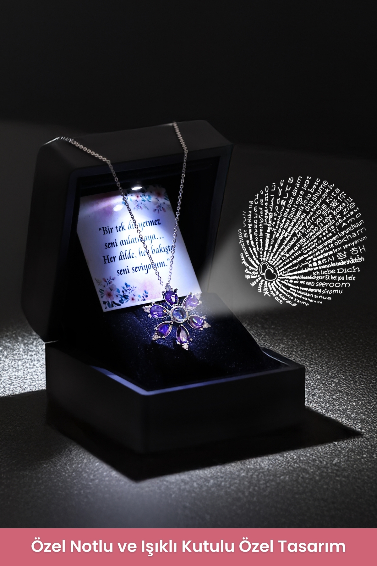 Lucente Jewellery Işıklı Hediye Kutulu 925 Ayar Luxury Serisi 100 Dilde Seni Seviyorum Yazan Gümüş Özel Gün Hediyesi Projeksiyon 45 Cm Zincirli Sonsuz Aşk Simgesi Küpe Hediyeli Mor Kamelya Lotus Çiçeği Kadın Kolye görsel 5