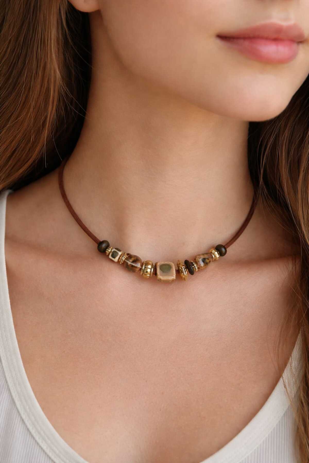 Brown Aura Handmade Ceramic Beads Women's Necklace