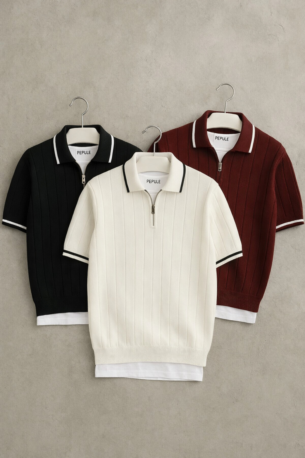 pepule  Erkek 3'lü Polo Yaka siyah beyaz bordo Triko Dokulu yarım fermuarlı Regular Pamuklu T-shirt
