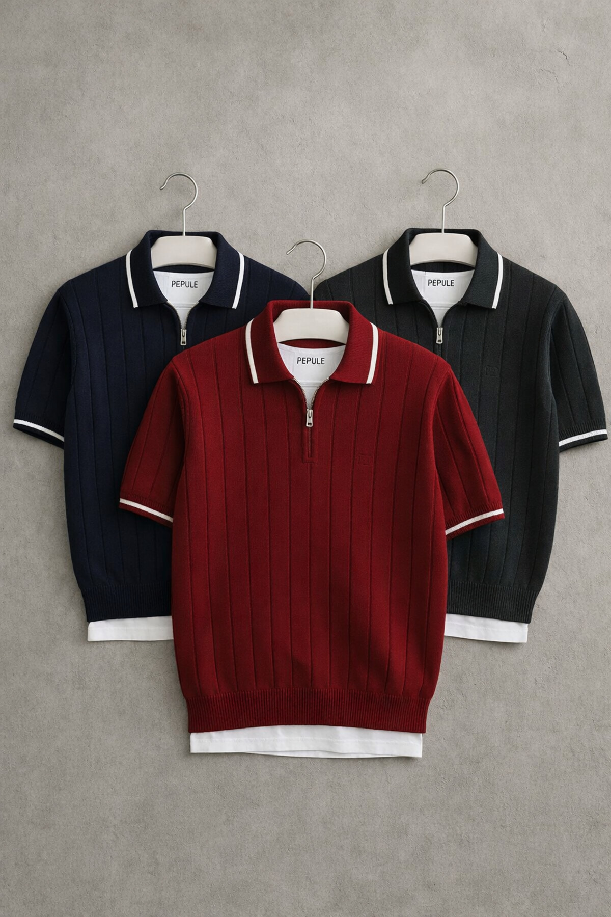Men's 3-Piece Polo Neck Black Navy Blue Claret Red Knitwear Textured Half Zipper Regular Cotton T-shirt