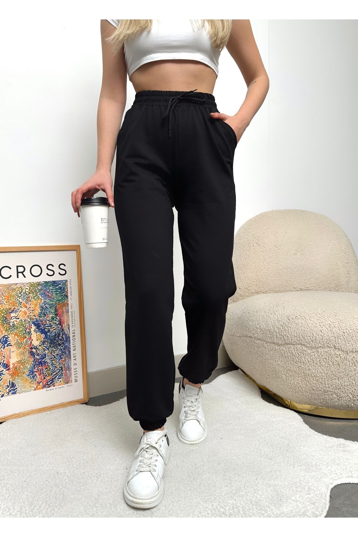 schlank  Kadın Siyah Paçası Lastikli Yüksek Bel Jogger Eşofman Altı - Görsel 6