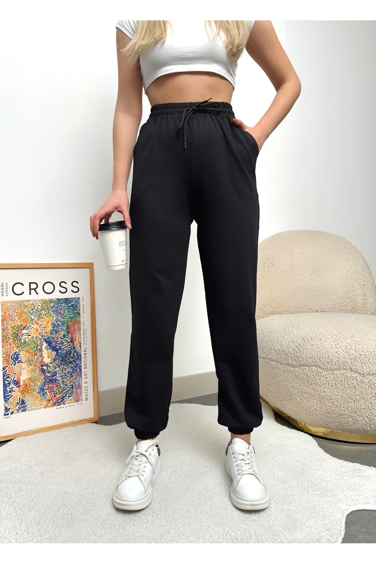 schlank  Kadın Siyah Paçası Lastikli Yüksek Bel Jogger Eşofman Altı - Görsel 2