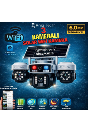 Avenir RMZ-TECH WİFİ Solar Güneş Panelli 3 Kameralı 6MP Güvenlik Kamerası – Ç...