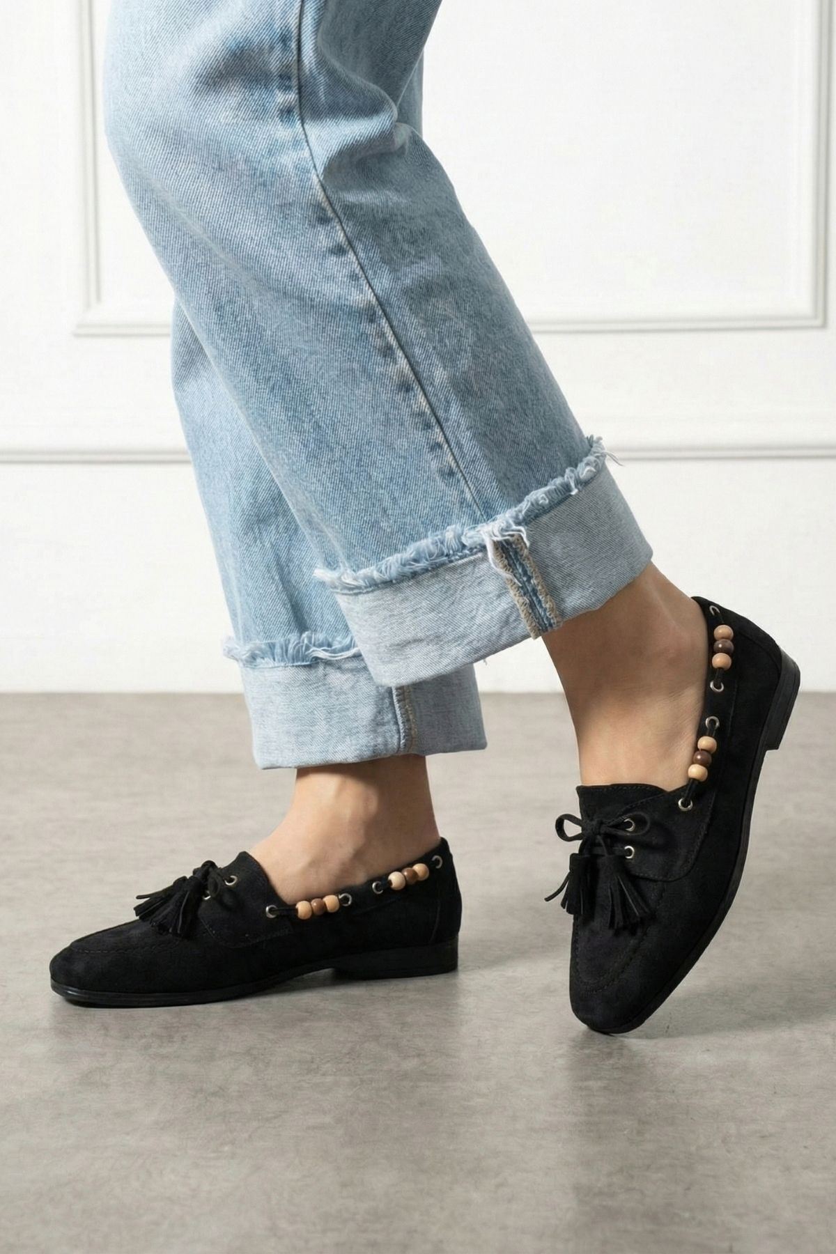 FUGA MODA  Tessora Siyah Süet Boncuk Detaylı Püsküllü Bağcıklı Loafer Babet Günlük Ayakkabı - Görsel 5