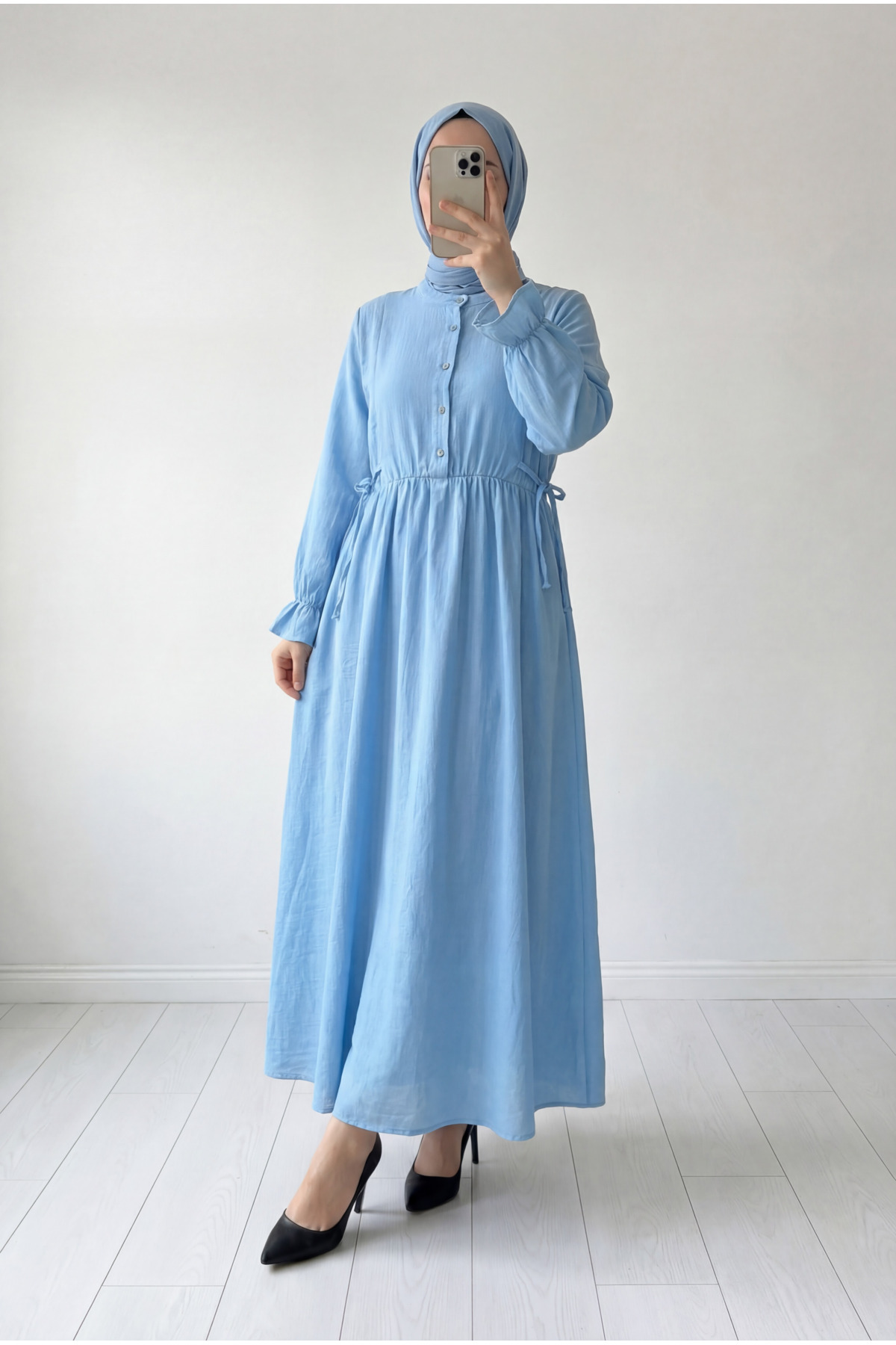 Almina Muslin Piping Laced Dress-NA2418 Blue