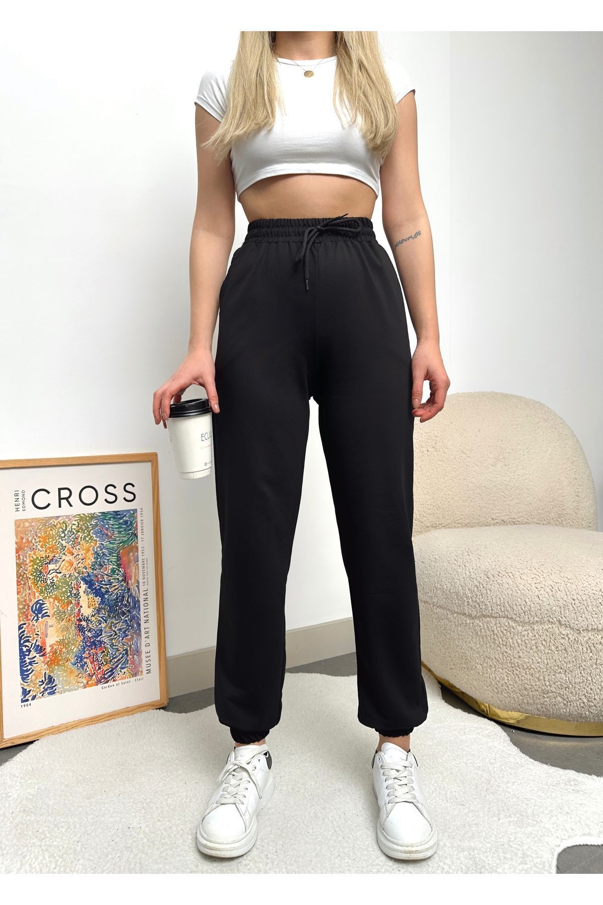 schlank  Kadın Siyah Paçası Lastikli Yüksek Bel Jogger Eşofman Altı - Görsel 7