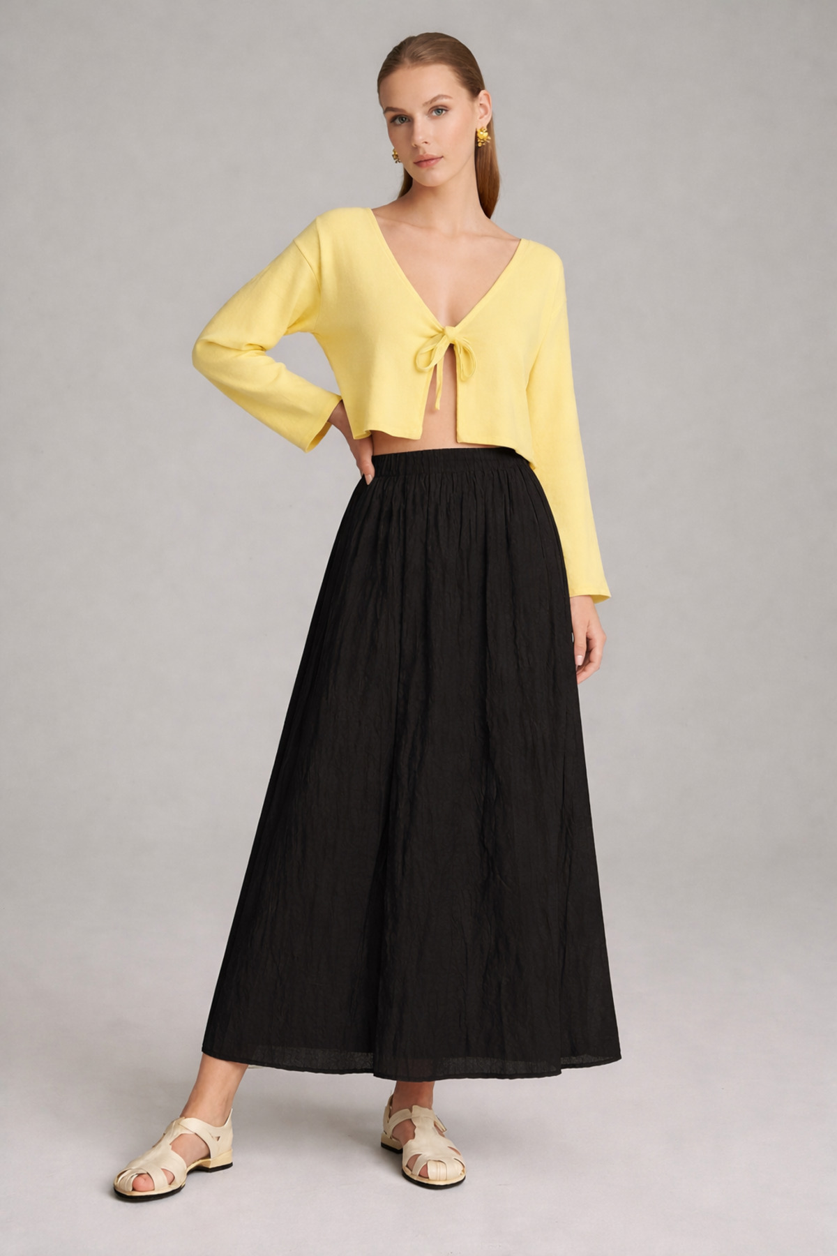 Kahra Collection  Kadın Siyah Vual Kumaş Kırışık Uzun Astarlı Crush Etek - Görsel 2