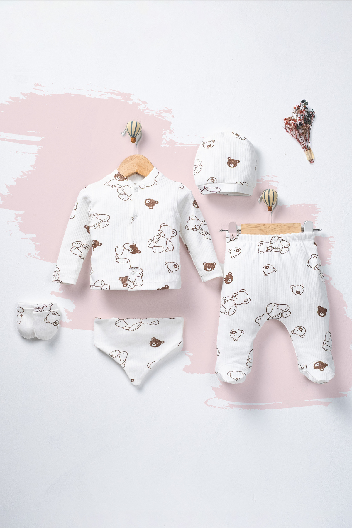 ENİA BABY Yenidoğan Bebek Desenli 5 Parça Hastane Çıkış Seti Kız Bebek Erkek Bebek Yenidoğan fotoğrafı 2 (önizleme)