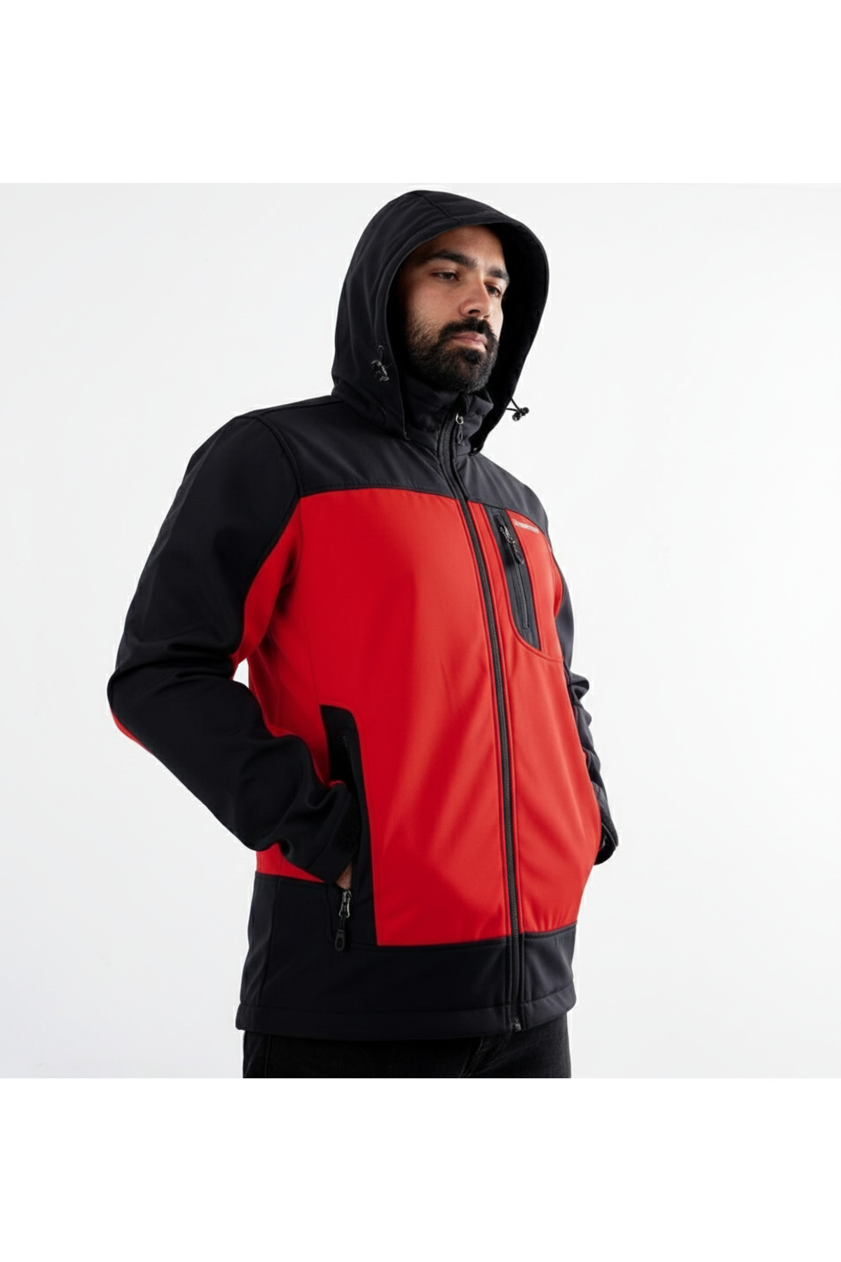 SNOWMOUNT Siyah Kırmızı Renk Softshell Sök Tak Kapüşonlu Polarlı Kışlık Mont görsel 3