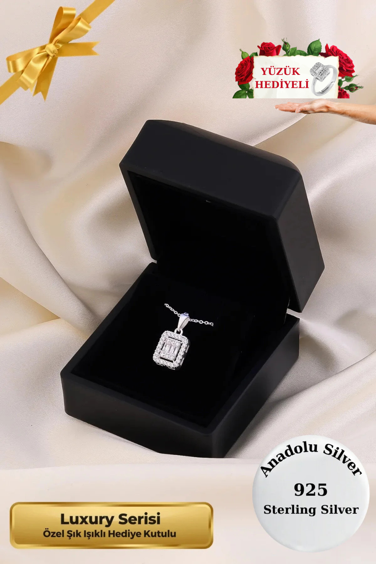 925 Sterling Silver Plated Baguette Diamond Model Necklace with Luxury Series Illuminated Gift Box