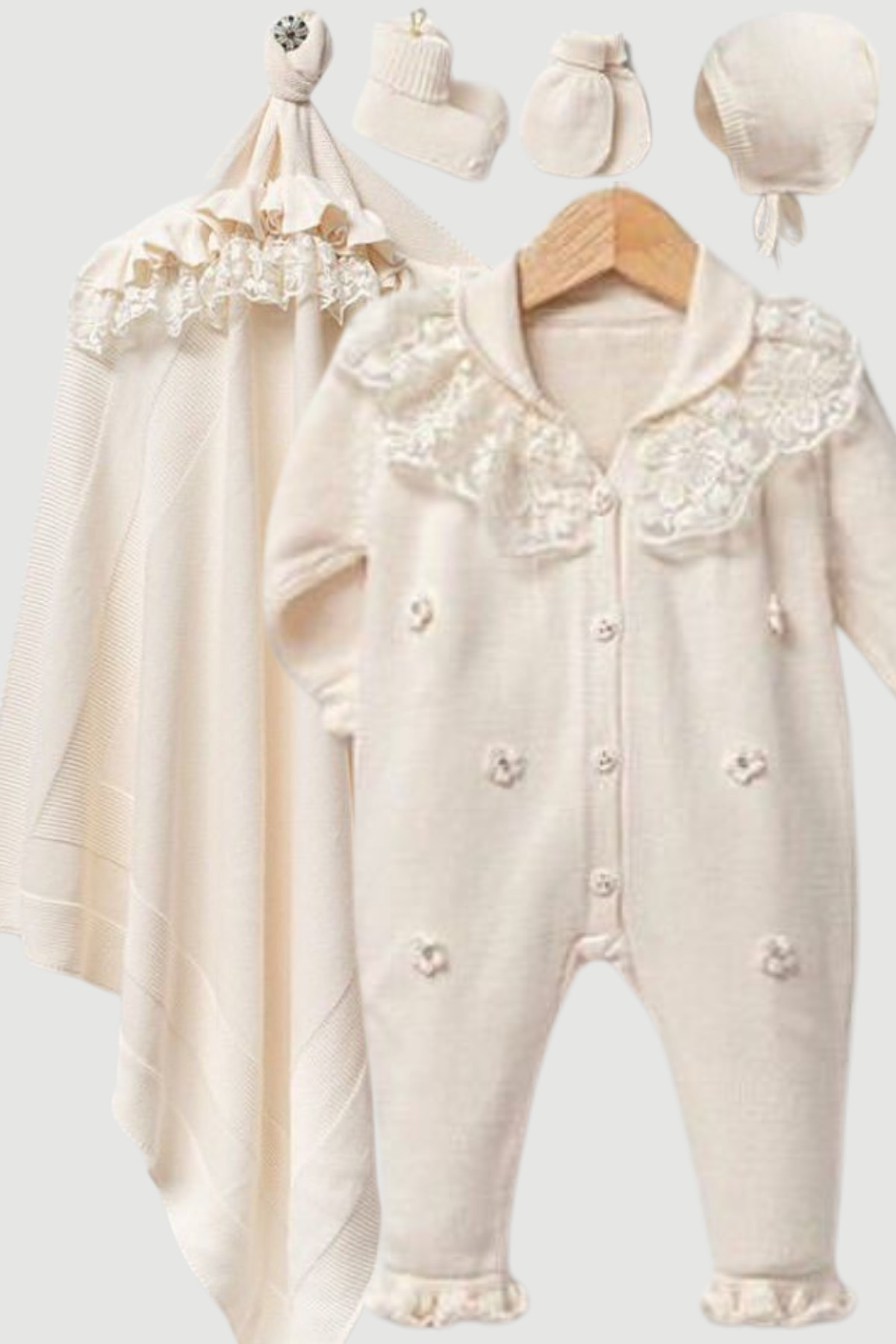 Cream Lacy Daisy Patterned Organic Newborn Baby Girl Knitwear Hospital Exit Set