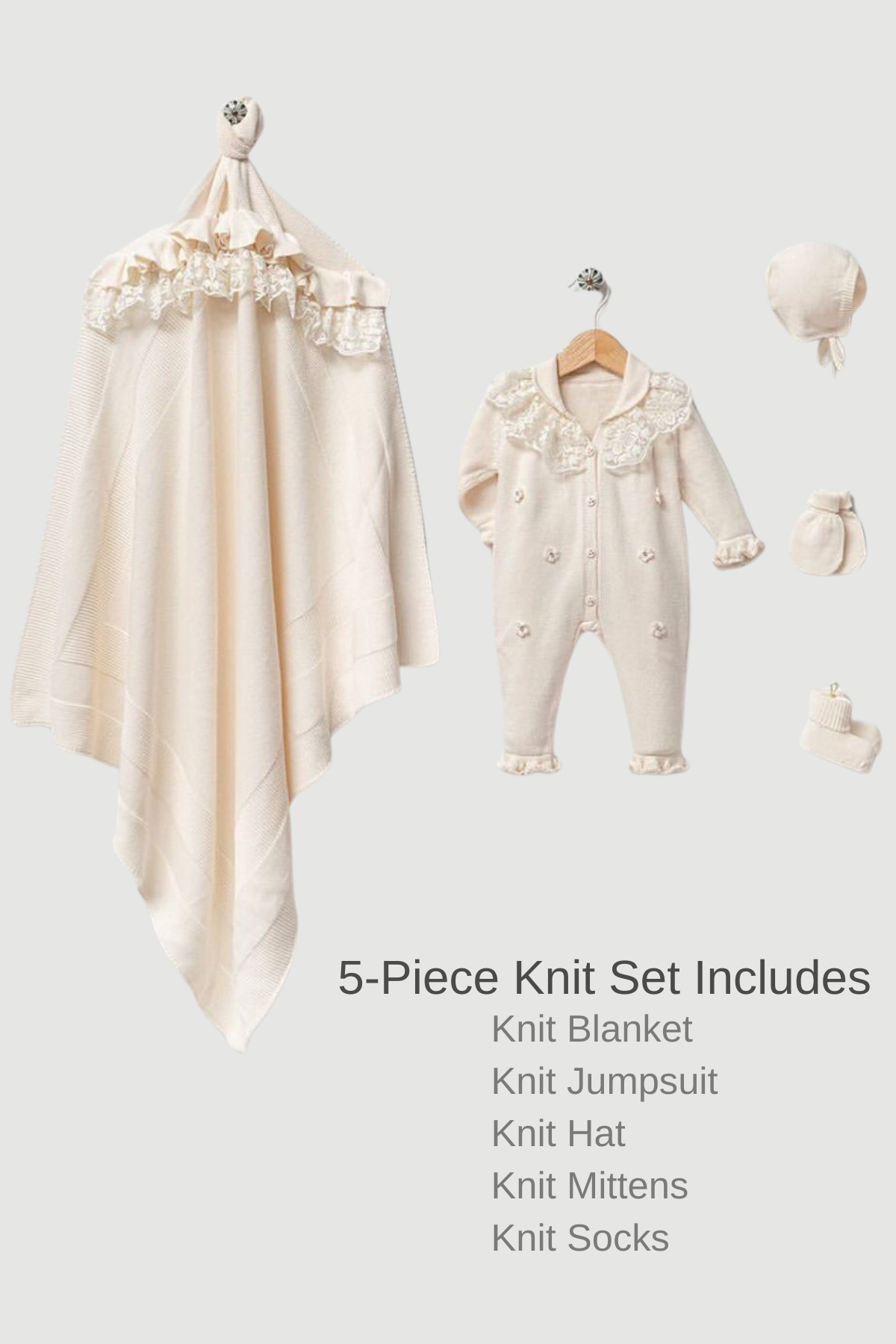 Naka Concept Krem Rengi Dantelli Papatya Desenli Organic Yenidoğan Kız Bebek Triko Hastane Çıkış Seti fotoğrafı 5 (önizleme)