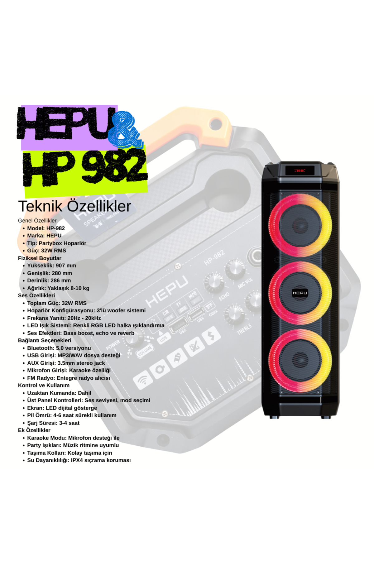 HEPU HP-982 Partybox Bluetooth Hoparlör – 3×8” Hoparlör, 30W Güç