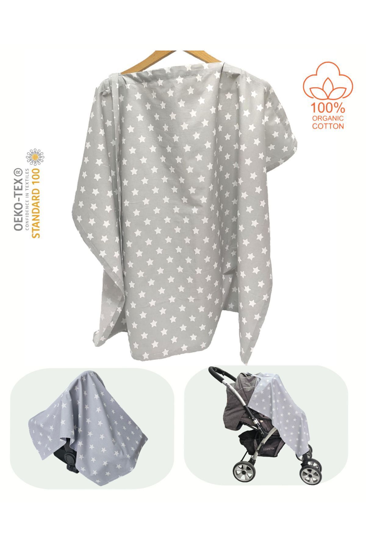 BeybiNest Balenli Emzirme Önlüğü 100x80 Cm Ayarlanabilir Tokalı Gri Yıldız Emzirme Örtüsü fotoğrafı 2 (önizleme)