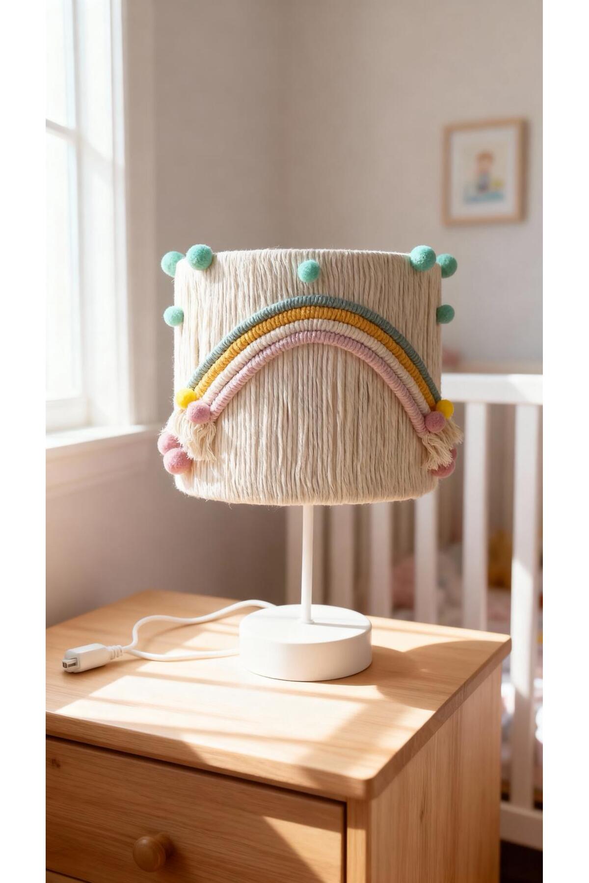 CYLINDER ECRU MACRAME ROPE WRAPPED COLORFUL RAINBOW MINT PINK POMPOM BABY GIRL CHILDREN 'S ROOM LAMPSHADE