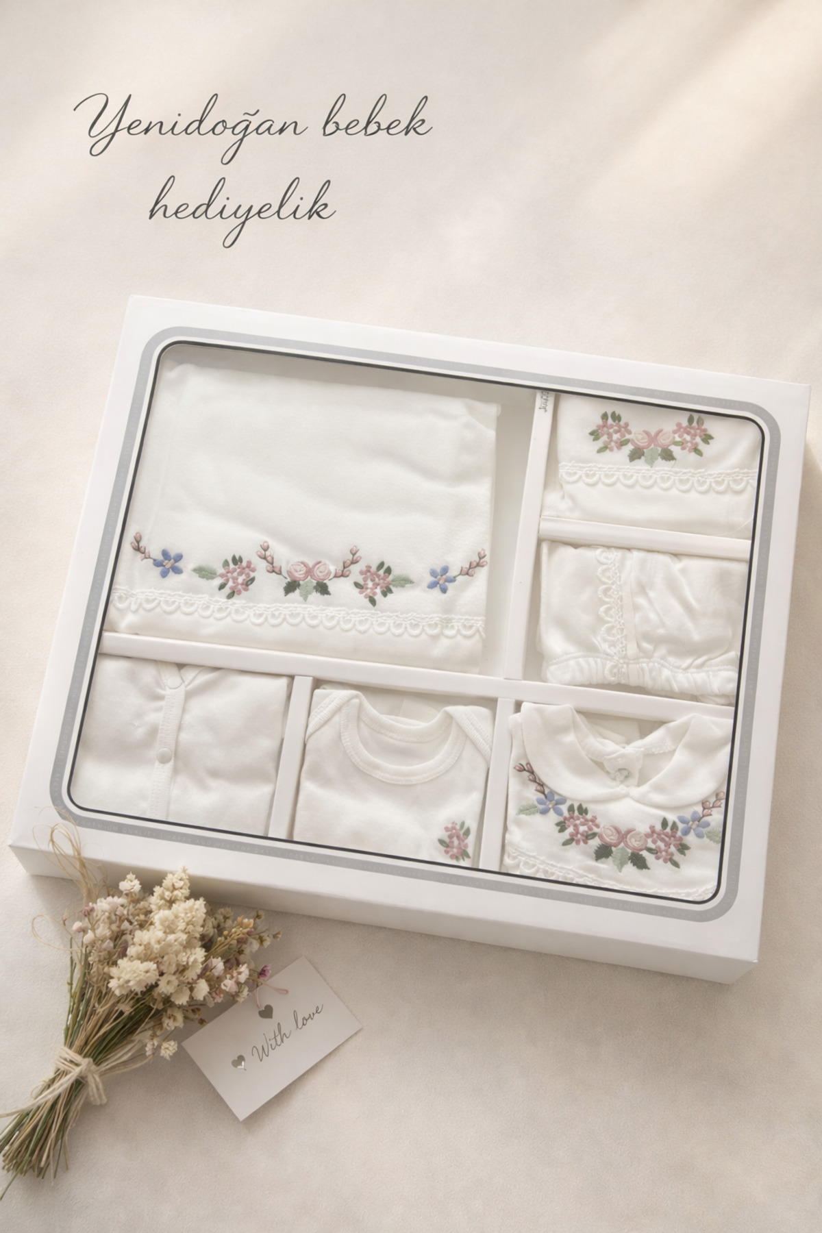 Arin Baby 5 PARÇA ORGANİK PAMUKLU ÇİÇEK NAKIŞLI YENİ DOĞAN KIZ BEBEK HASTANE ÇIKIŞ SETİ/KIZ BEBEK ZIBIN SET fotoğrafı 4 (önizleme)