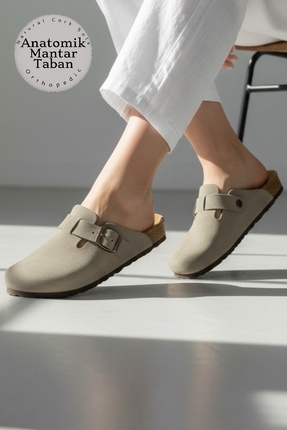 Land of Cork Snape Unisex Süet Taupe Kapalı Terlik – Ark Destekli, Anatomik M...