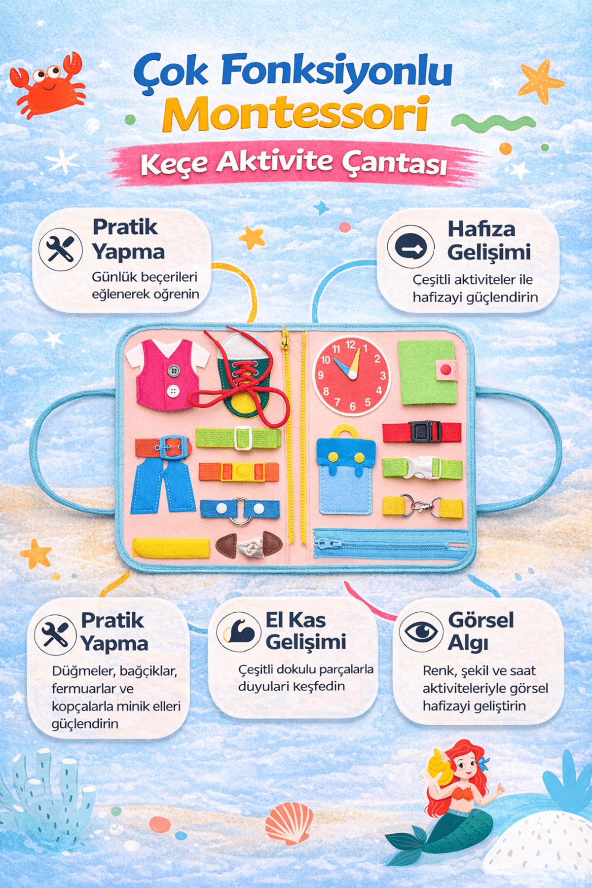 robokids Montessori Keçe Eğitim Çantası Pembe Deniz Kızı | Busy Board 8 Sayfa fotoğrafı 3 (önizleme)