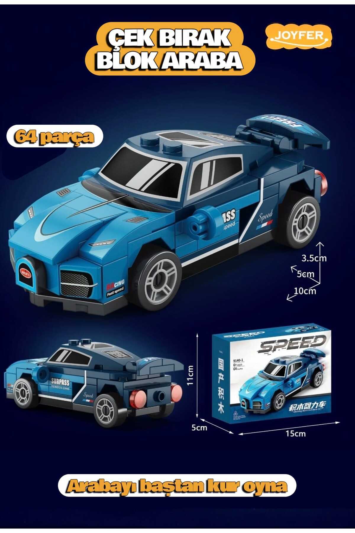 Joyfer Çek Bırak 64 Parça Yapı Blokları Yarış Arabası - Mini Spor
