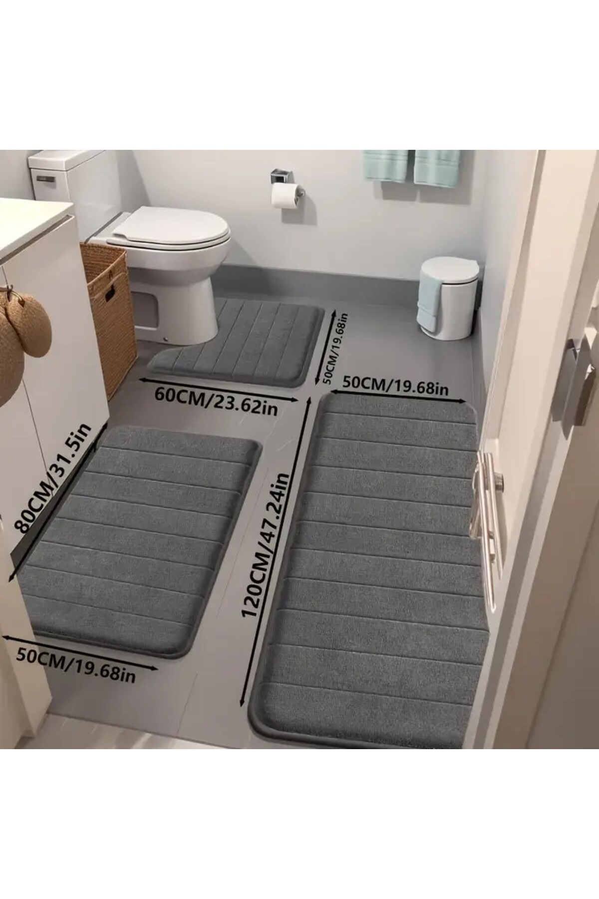 GALORWAY Set of 3 non-slip bath mats, dark grey, 120x50 cm, 80x50 cm, 60x50 cm