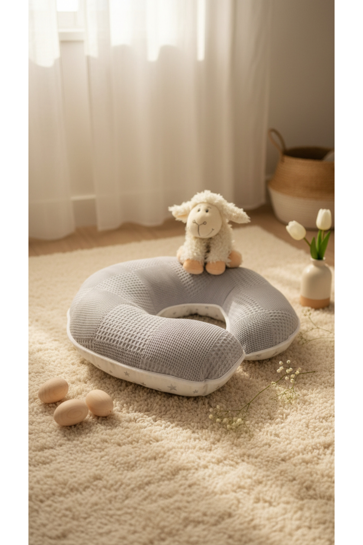 Babynest Emzirme Yastığı Ve Destek Minderi Gri Yıldız Ve Pikeli Model (BEYAZ BİYELİ) fotoğrafı 3 (önizleme)