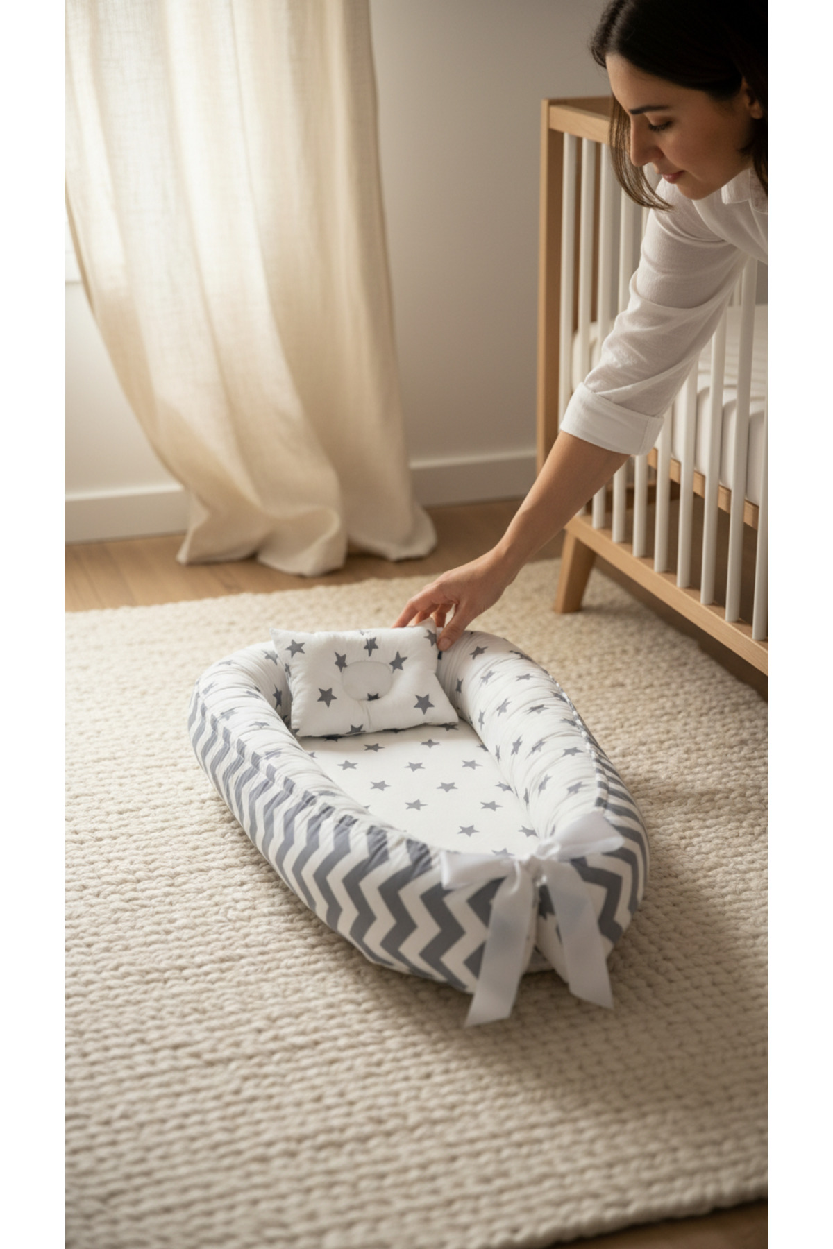 Babynest Yatak + Ortopedik Yastık + Emzirme Yastığı Gri Yıldız Ve Gri Zikzak Üç Ürün Bir Arada fotoğrafı 3 (önizleme)