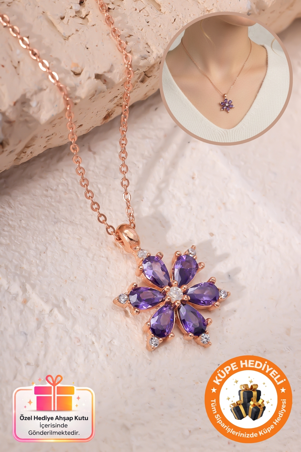 Lucente Jewellery 925 Ayar Aşk Şans Bolluk Bereket ve Zarafetin Simgesi Rose Gold Ametist Taşlı Lotus Kararma Karşıtı Rodyum Gümüş Özel Gün Hediyesi 45 Cm Zincirli Mor Lotus Çiçeği Küpe Hediyeli Şık Kadın Kolye
