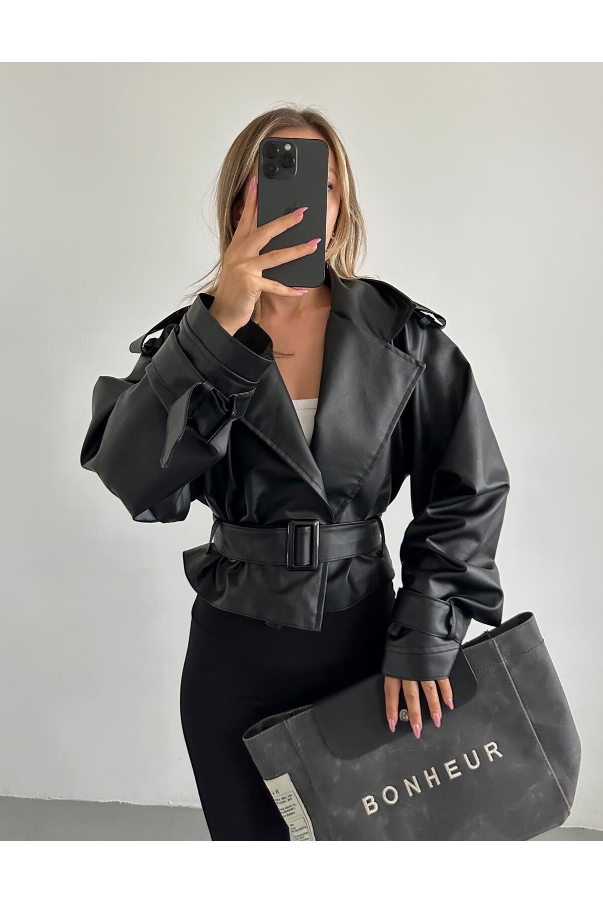 VESS MODA Стилно кожено яке с колан с ръкави и детайли