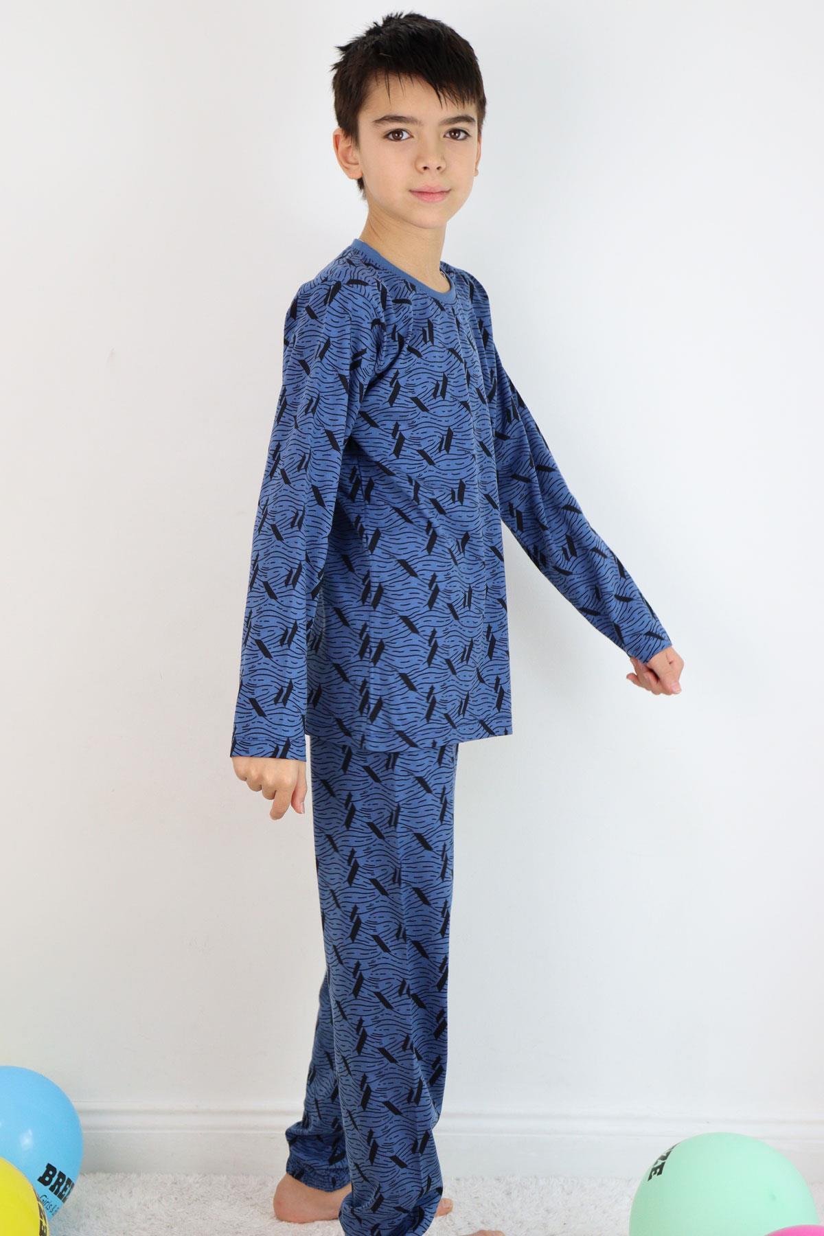 Breeze Erkek Çocuk Pijama Takımı Okyanus Çizgisi Dalga Desenli 9-12 Yaş, İndigo fotoğrafı 3 (önizleme)