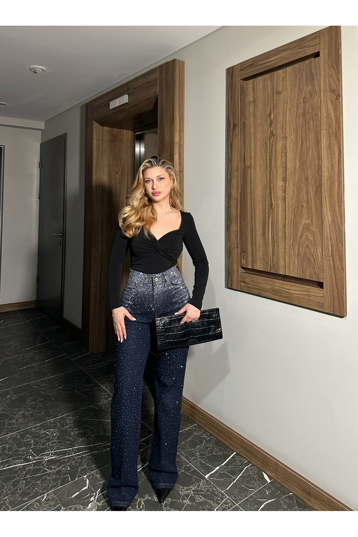 D'RECCY  KADIN TAŞLI DENİM KOT PANTOLON PARLAK JEAN