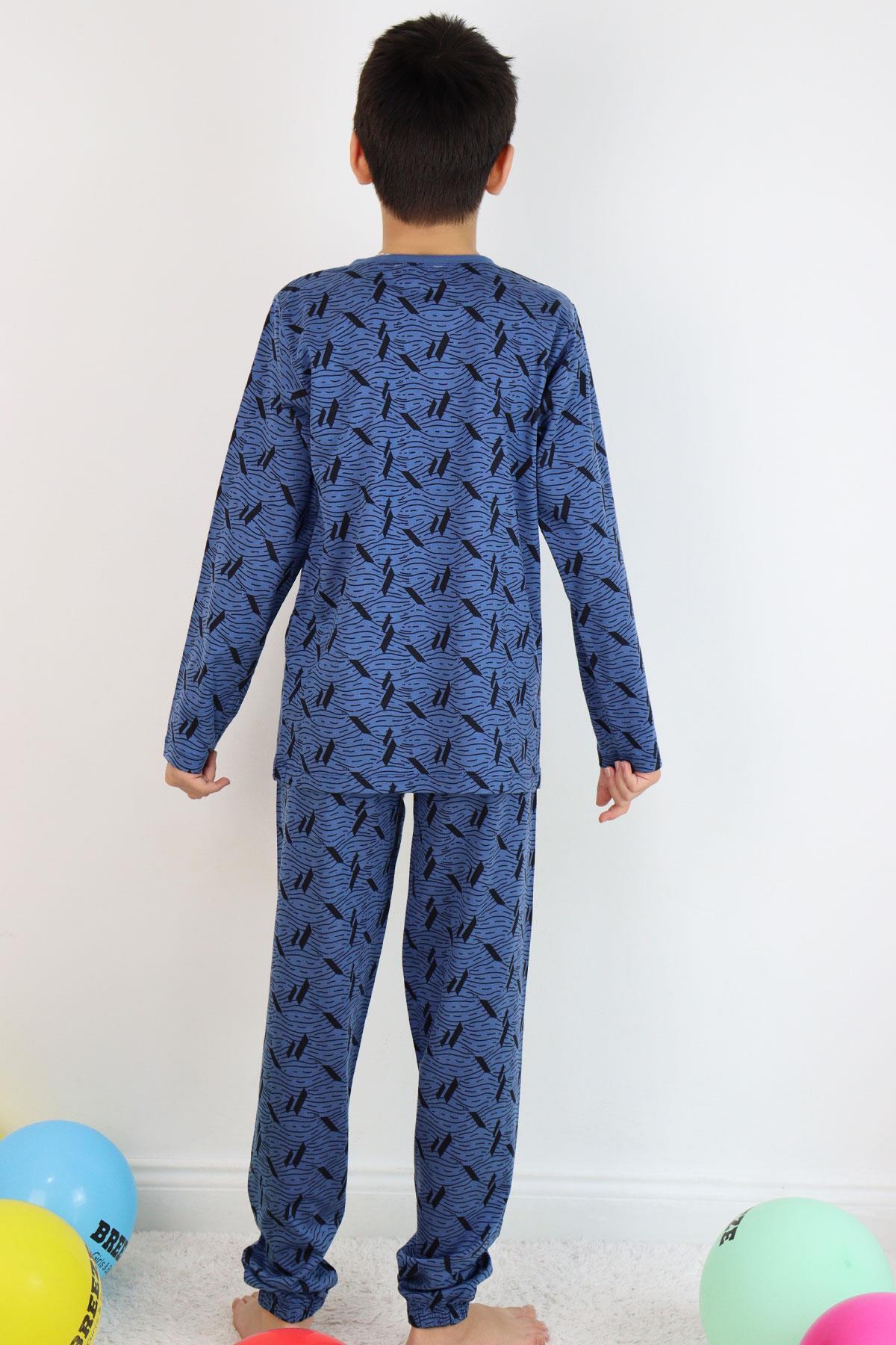 Breeze Erkek Çocuk Pijama Takımı Okyanus Çizgisi Dalga Desenli 9-12 Yaş, İndigo fotoğrafı 2 (önizleme)