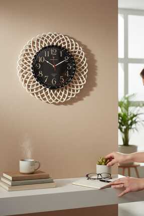 home inn Bohem Hasır Çerçeveli Siyah Detaylı Duvar Saati – Modern Görünümlü D...