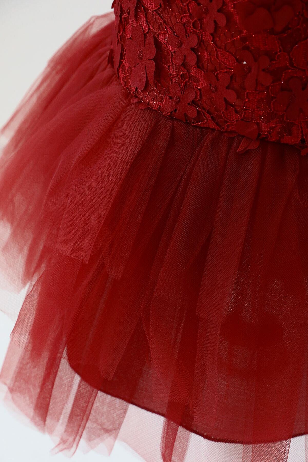 Mika Bebek Çiçek Işlemeli Kız Çocuk Bordo Jile Tül Abiye fotoğrafı 5 (önizleme)