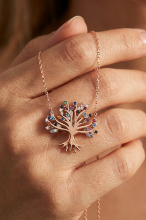 Parmas Design Yaşam Ağacı Mix Taşlı 925 Ayar Gümüş Kadın Rose Kolye