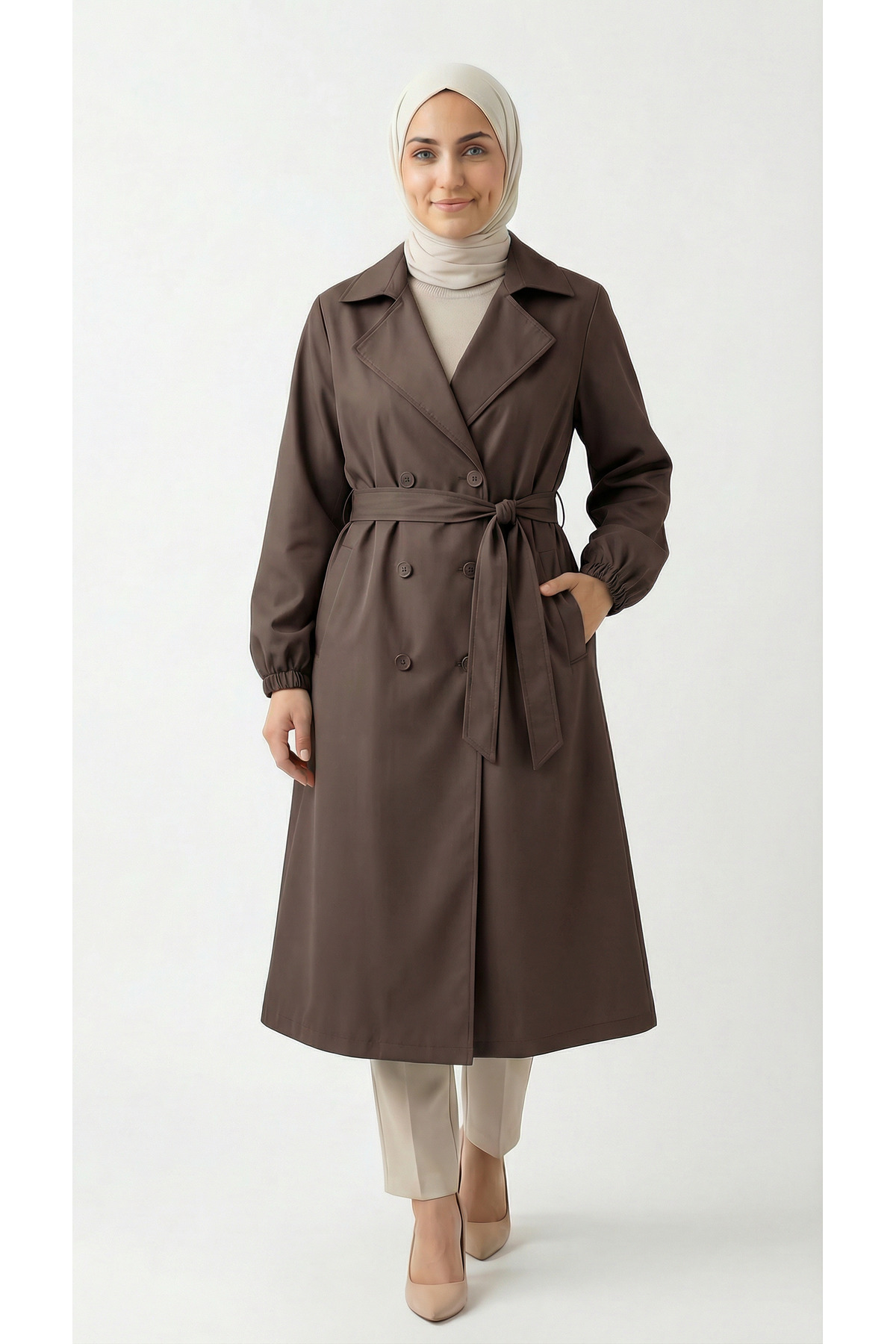 MİHRA STORE Doredra Long Trench Coat with Elasticated Sleeves and