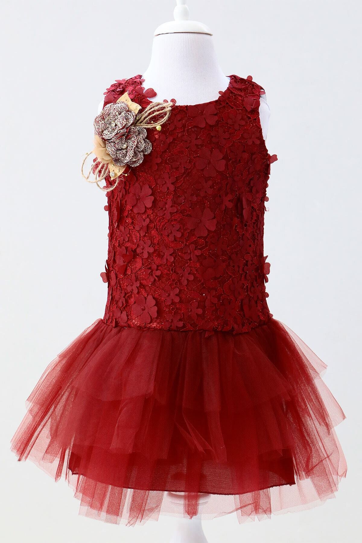 Mika Bebek Çiçek Işlemeli Kız Çocuk Bordo Jile Tül Abiye fotoğrafı 2 (önizleme)