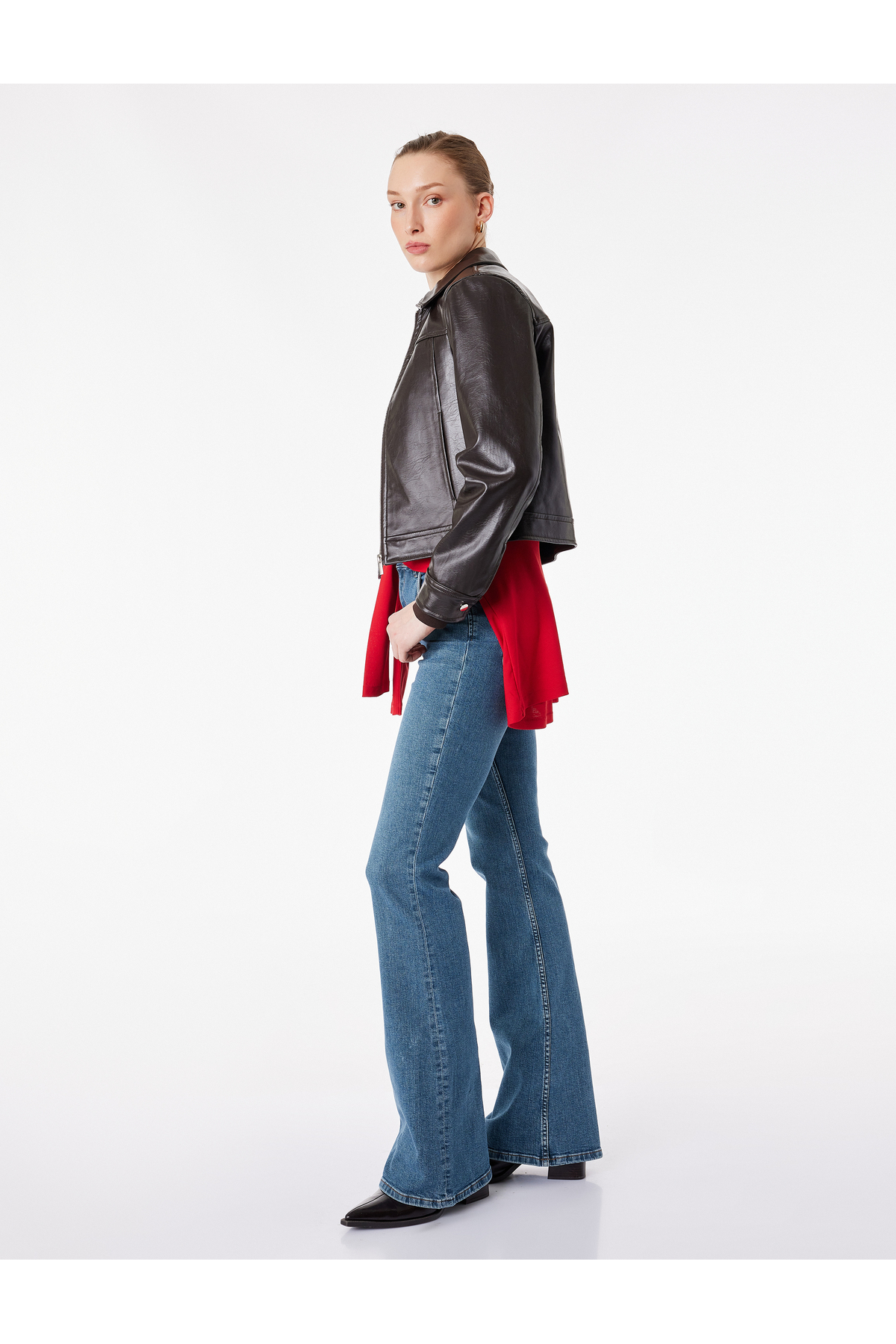 Koton Pamuklu Dar Kalıp Düğmeli İspanyol Paça Denim Pantolon - Flare Jeans görsel 3