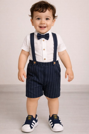 Mika Bebek & Çocuk Lacivert Çizgili Kumaş Erkek Bebek Papyonlu Yazlık Salopet...