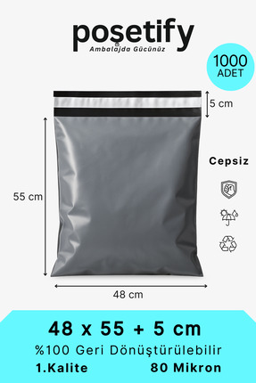 POŞETİFY Cepsiz Kargo Poşeti | 48x55x5 cm | 1000 Adet | Gri | 80 Mikron | Büy...