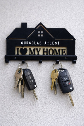 GursoLAB Kişiye Özel Aile İsimli Dekoratif Anahtar Askısı – I Love My Home Ta...