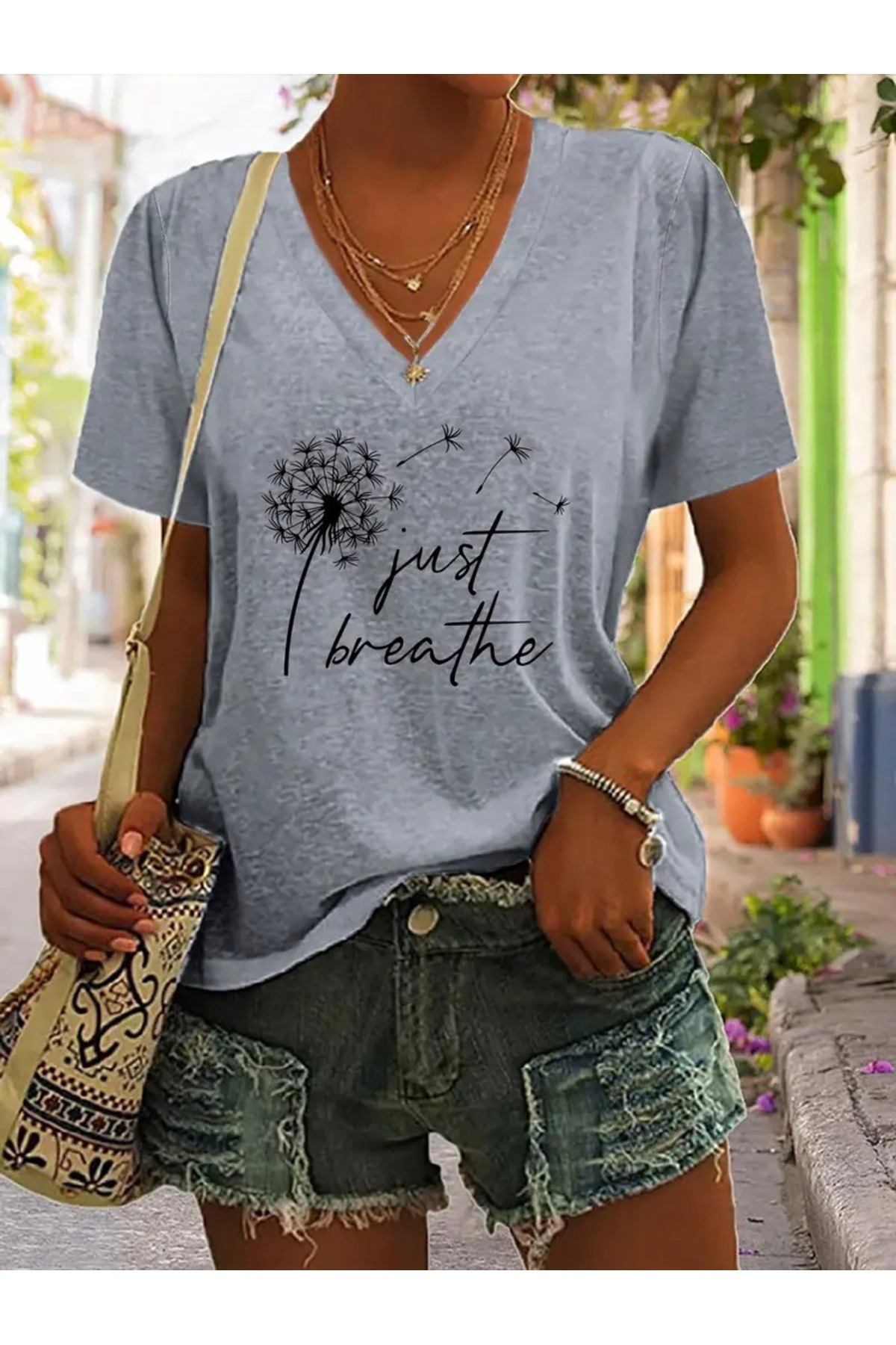 Deocept  Kadın Baskılı Kadın Oversize V Yaka T-shirt Salaş