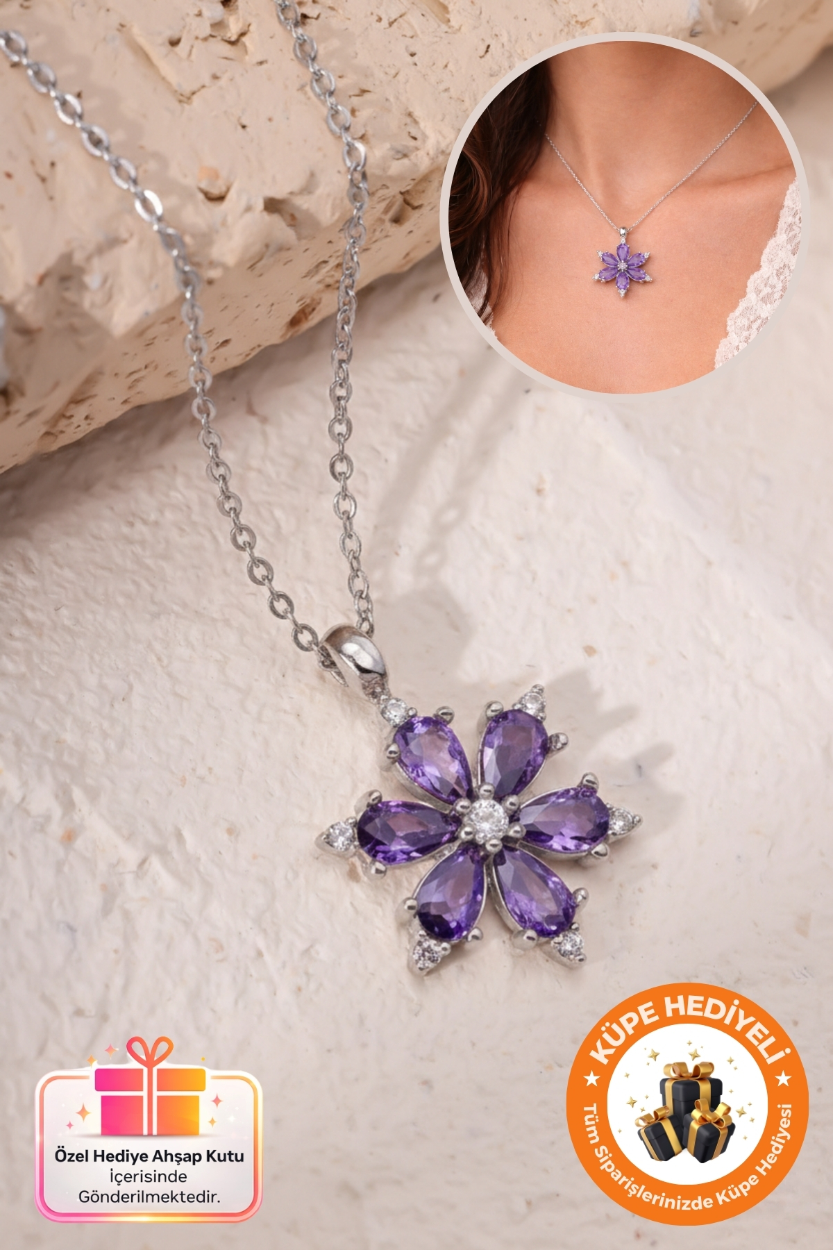 Lucente Jewellery 925 Ayar Aşk Şans Bolluk Bereket ve Zarafetin Simgesi Silver Ametist Taşlı Lotus Kararma Karşıtı Rodyum Gümüş Özel Gün Hediyesi 45 Cm Zincirli Mor Lotus Çiçeği Küpe Hediyeli Şık Kadın Kolye