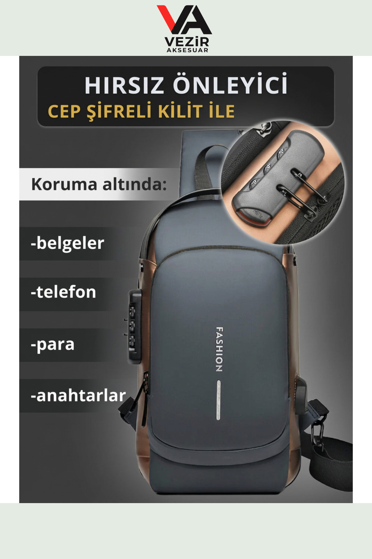 FASHION  USB Şarj Portlu Şifreli Kilitli Su Geçirmez Omuz & Göğüs Çantası | Unisex Şık Tasarım TRY990288 - Görsel 5