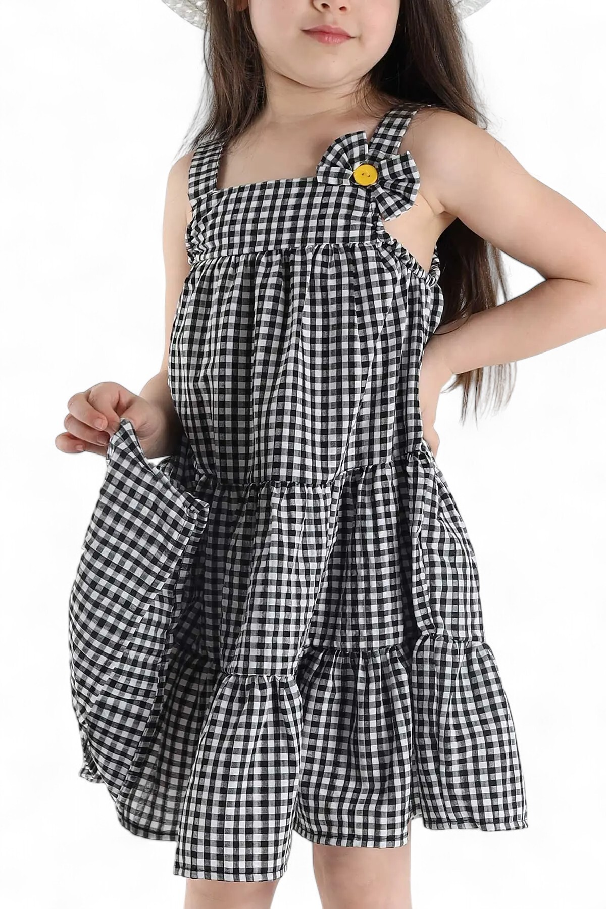 Ege Bebek Kız Çocuk Yazlık Fiyonklu Pötikare Desen Şapkalı 3-4-5-6-7-8-9-10 Yaş Elbise fotoğrafı 7 (önizleme)