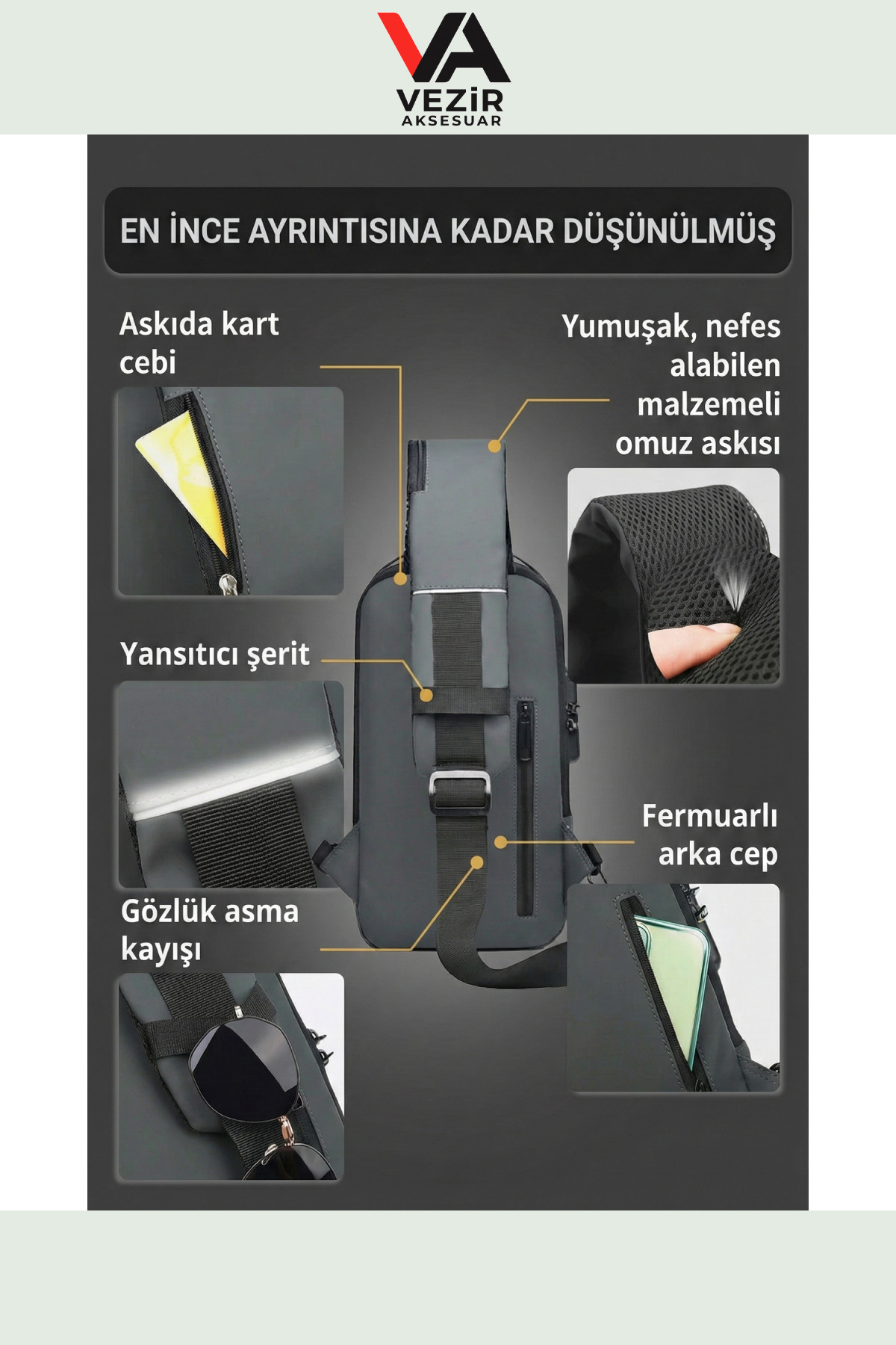 FASHION  USB Şarj Portlu Şifreli Kilitli Su Geçirmez Omuz & Göğüs Çantası | Unisex Şık Tasarım TRY990288 - Görsel 7