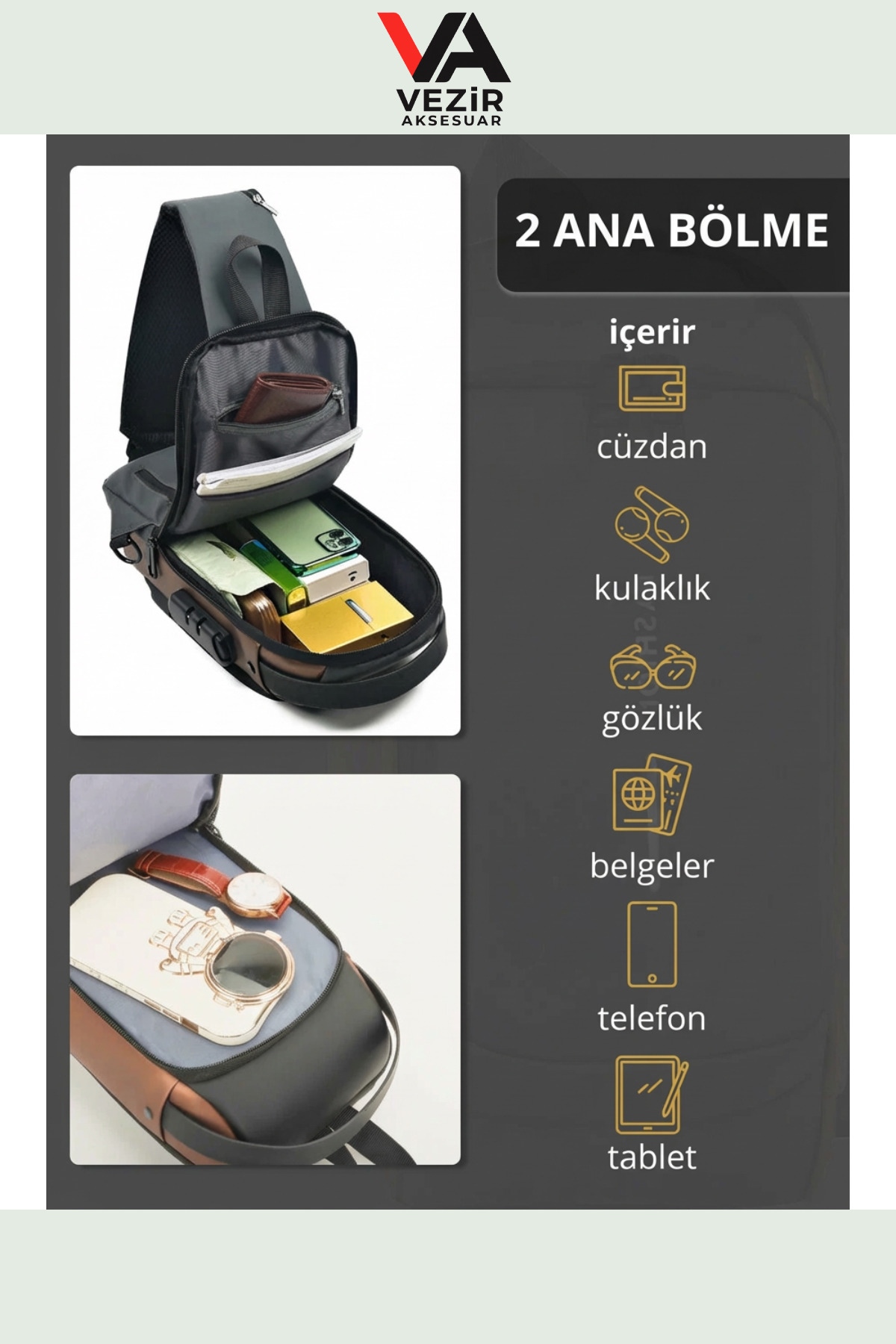 FASHION  USB Şarj Portlu Şifreli Kilitli Su Geçirmez Omuz & Göğüs Çantası | Unisex Şık Tasarım TRY990288 - Görsel 4