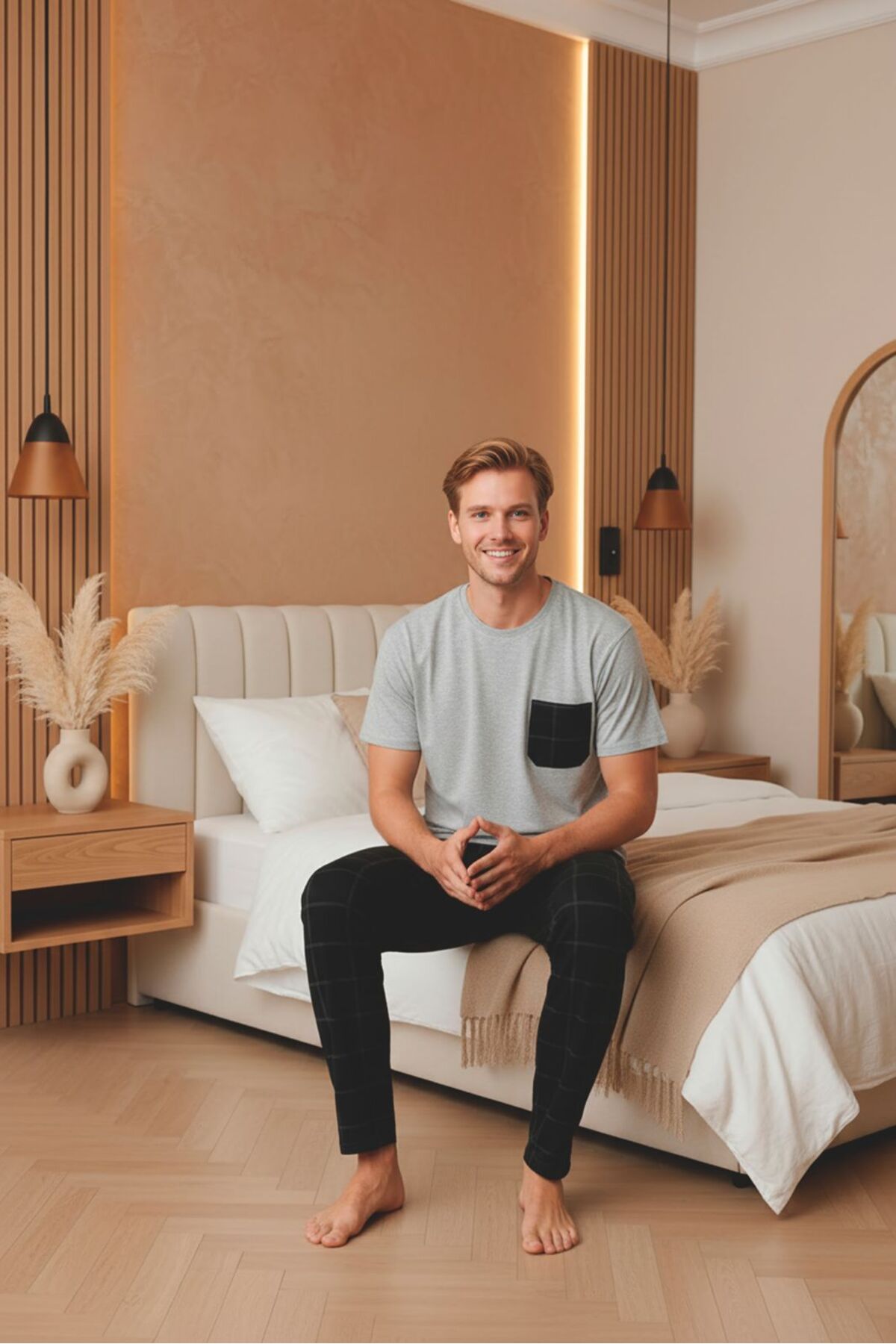 Sude HOMEWEAR  Erkek Ekoseli Cepli Kısa Kollu Pijama Takımı - Görsel 2