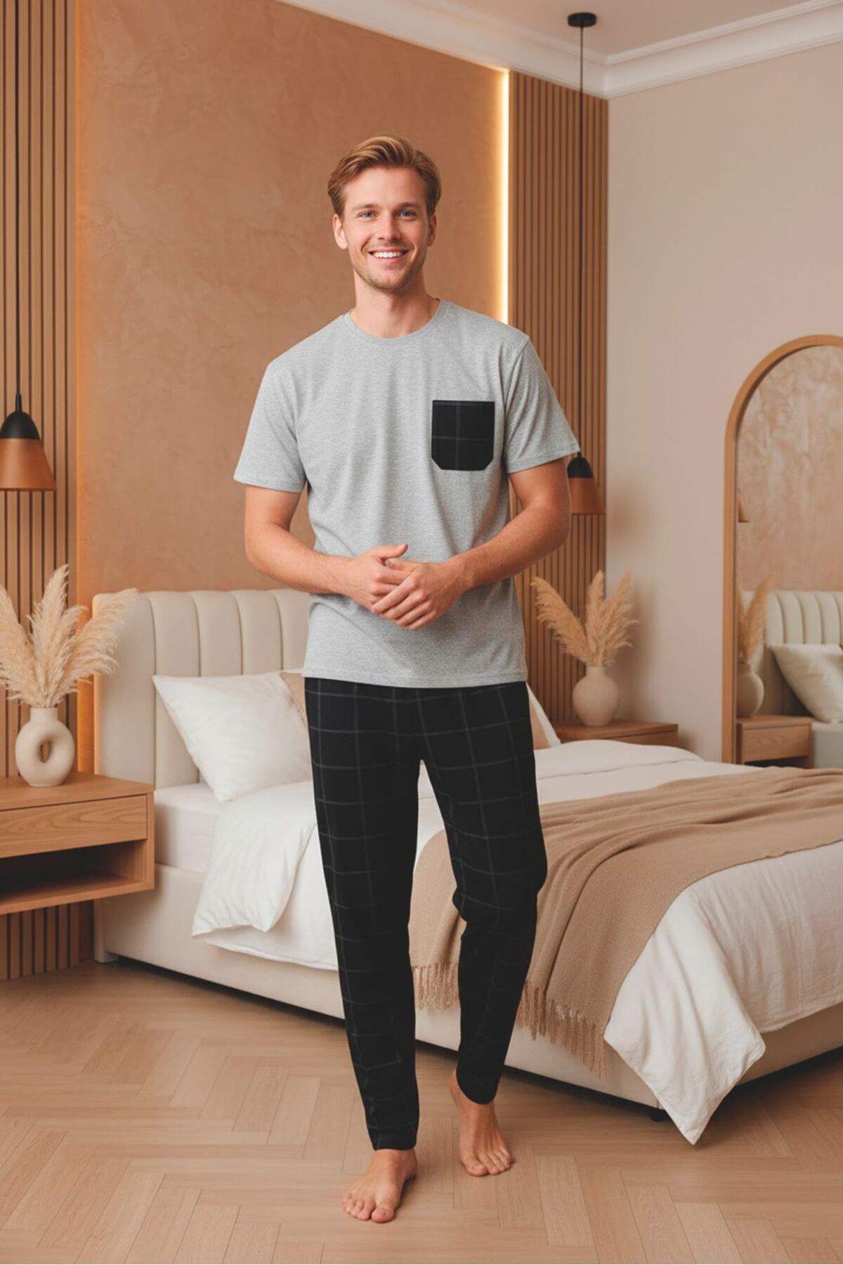 Sude HOMEWEAR  Erkek Ekoseli Cepli Kısa Kollu Pijama Takımı